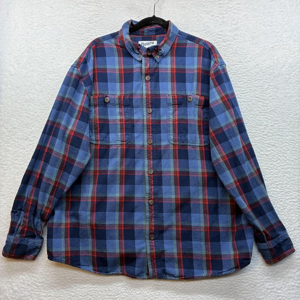Duluth Trading Co Shirt Mens XL Blue Red Plaid Flannel Long Sleeve Button Down